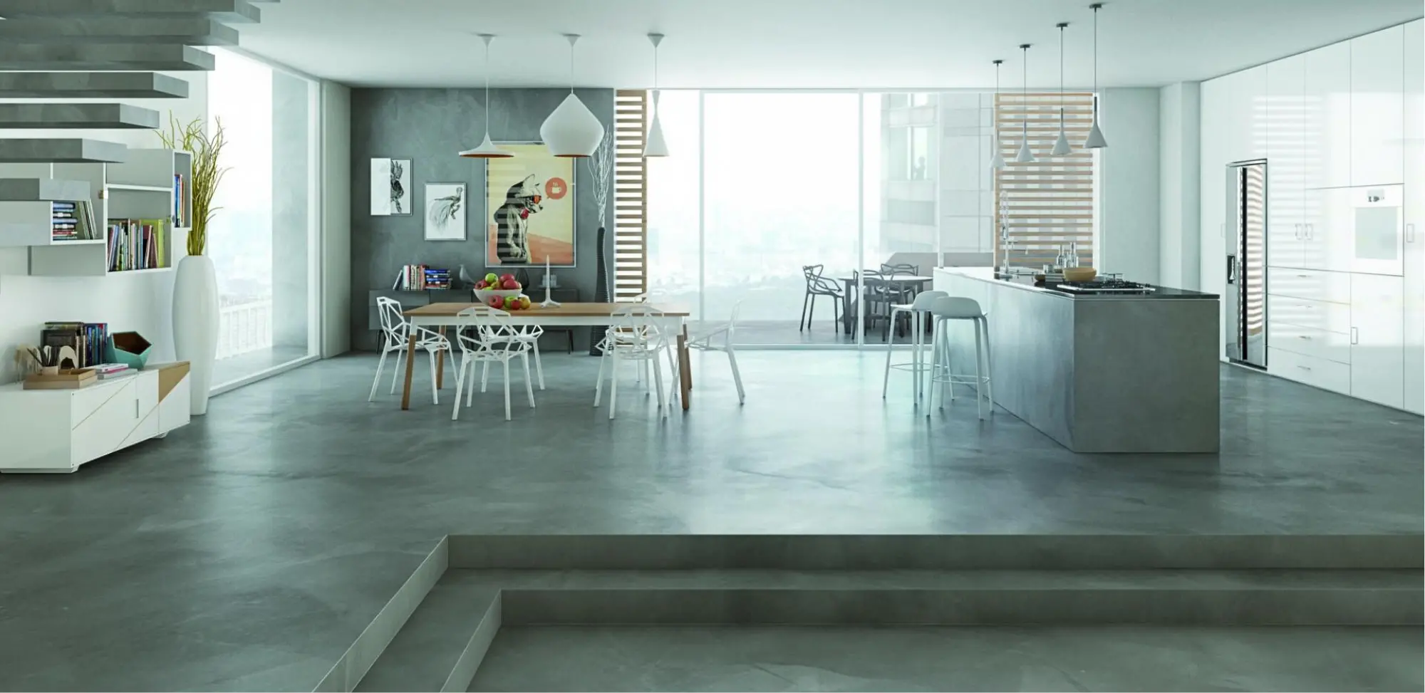 Cemento esmaltado para interiores y exteriores, acabado brillante y resistente, en productos y servicios para pisos.