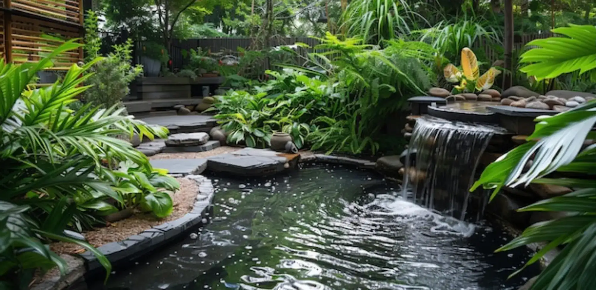 Diseño e instalación de fuentes, estanques y cascadas en jardines exteriores, con productos y servicios para jardinería.
