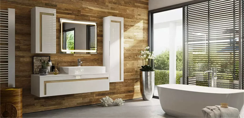 Muebles de baño funcionales y modernos, con productos y servicios para carpintería en espacios interiores.