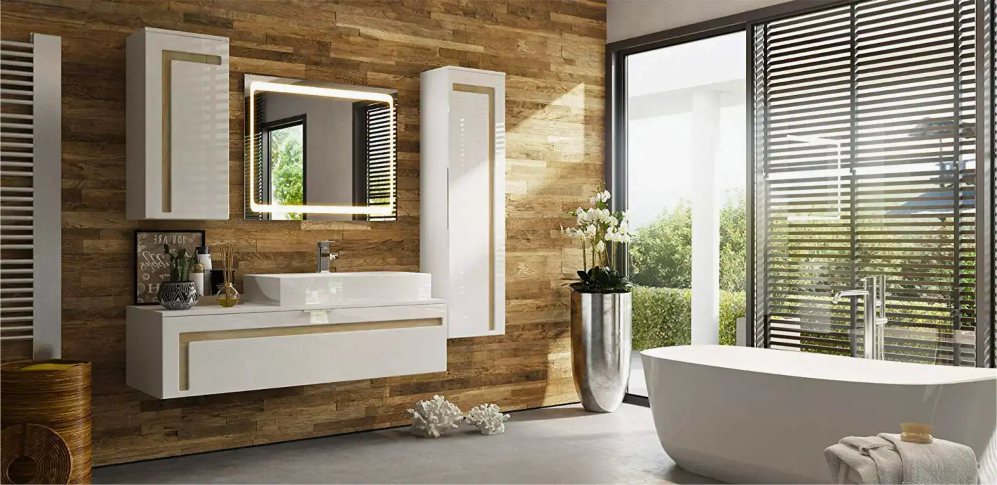 Muebles de baño funcionales y modernos, con productos y servicios para carpintería en espacios interiores.