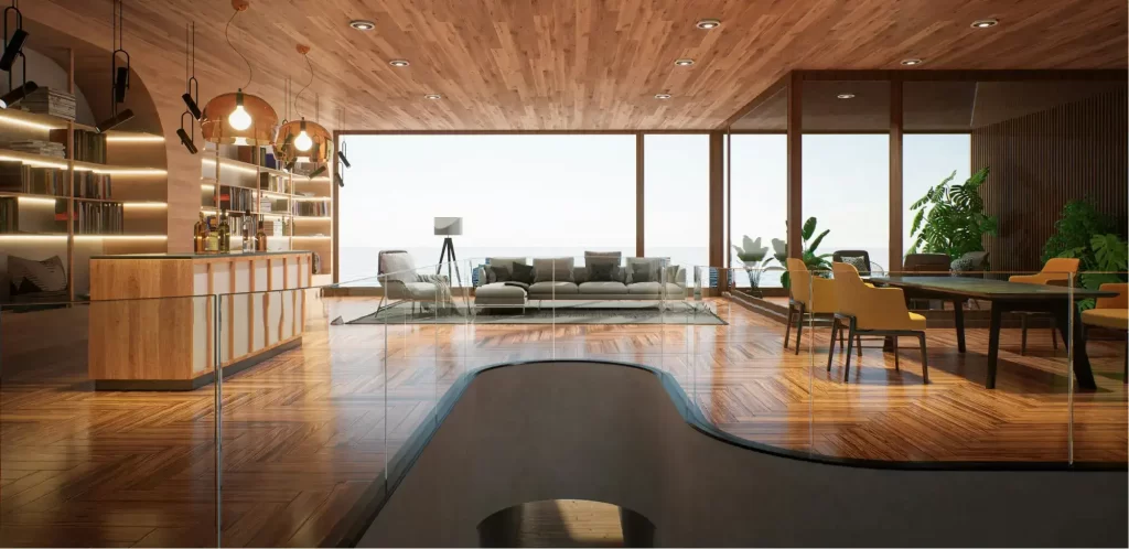 Piso de madera maciza para interiores y exteriores, diseño natural y resistente, parte de productos y servicios para pisos.